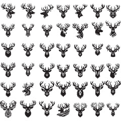 Set of deer head silhouette, majestic antlers, minimalist design, elegant profile, stylized wildlife art, sharp contrast, vector graphic style, iconic logo design.