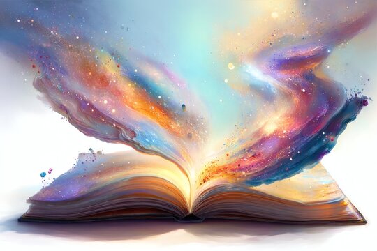 An open book releasing a colorful burst of imagination and knowledge. The pages are filled with words that bring fantasy to life, showcasing the power of literature