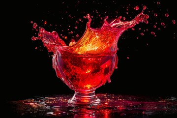 A dynamic splash of vibrant red liquid bursts from an elegant glass, against a dark backdrop