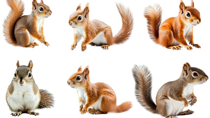 Fototapeta premium Playful Set of Squirrels Isolated on Clean White Background for Wildlife and Nature Display