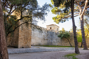 Sunlit Medieval Stone Walls of Castelo de S&atilde;o Jorge in Lisbon