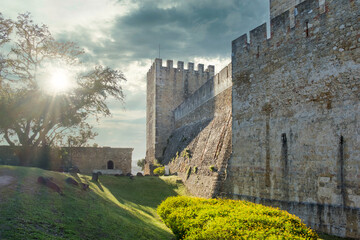 Sunlit Medieval Stone Walls of Castelo de S&atilde;o Jorge in Lisbon
