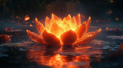 Fiery Lotus in Mystic Pond;  Spiritual Glow;  Fantasy Nature;  Possible use wallpaper, screensaver