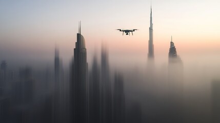 Drone flying aboveDubai city panorama in blur motion