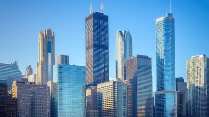 Fototapeta premium A city skyline panorama of modern high-rises under a clear sky.