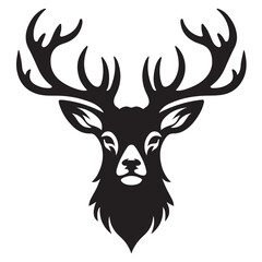 Black and white illustration, deer head silhouette, majestic antlers, minimalist design, elegant profile, stylized wildlife art, sharp contrast, vector graphic style, iconic logo design.