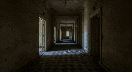 Fototapeta premium Abandoned Hallway with Dusty Floors and Faded Walls in Old Building