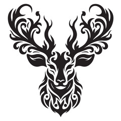Fototapeta premium Black and white illustration, deer head silhouette, majestic antlers, minimalist design, elegant profile, stylized wildlife art, sharp contrast, vector graphic style, iconic logo design.