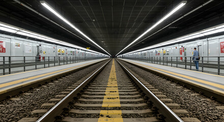 Empty Underground Train Platform with Straight Railroad Tracks