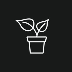 White Outline Icon Plant in a Pot on Black Background, Representing Growth, Gardening, and Indoor Plants