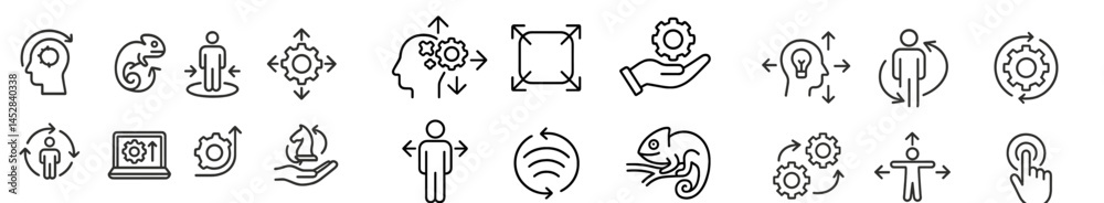 Poster collection of engaging icons representing creativity, innovation, and human interaction in a modern 