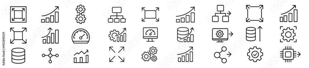 Poster Collection of simple icons depicting data analysis, growth metrics, and technology concepts in a monochrome design