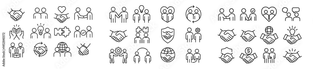 Poster collection of hand-drawn icons representing partnership, teamwork, and collaboration concepts in a m