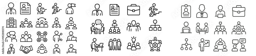 Aufkleber various icons representing business activities, teamwork, and professional interactions in a modern 
