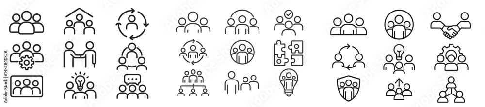 Poster collection of diverse icons representing teamwork, collaboration, and community interactions in a mo