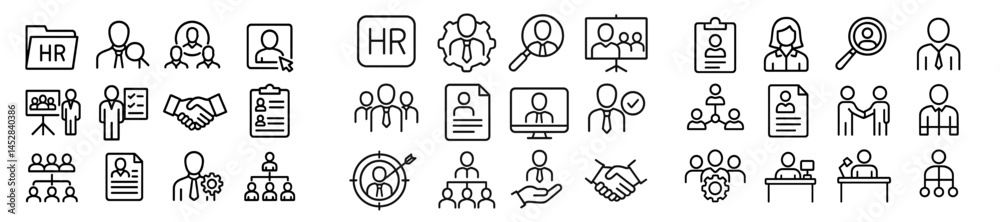 Poster collection of human resource management icons illustrating various hr activities and functions in a 