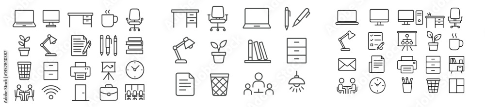 Poster modern office workspace featuring various essential items for productivity and organization