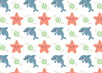 Obraz premium Seamless pattern with smiling dolphins, orange starfish and green seaweed in cute cartoon style. Childrens marine background for packaging, fabric, nursery and summer themes.