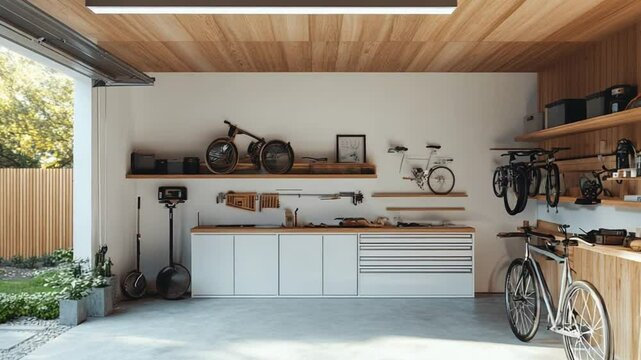 Organized Modern Garage Interior Design with Bikes and Tools