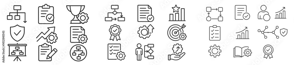 Poster Collection of outline icons representing various business and management concepts in a simple and modern design