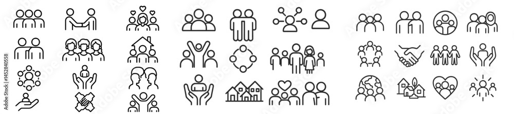 Poster icon set showcasing various human interactions and relationships in a minimalist design
