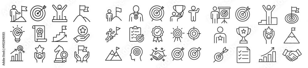 Poster Collection of goal-oriented icons depicting achievement, progress, and teamwork in various settings