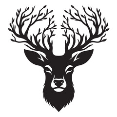 Black and white illustration, deer head silhouette, majestic antlers, minimalist design, elegant profile, stylized wildlife art, sharp contrast, vector graphic style, iconic logo design.