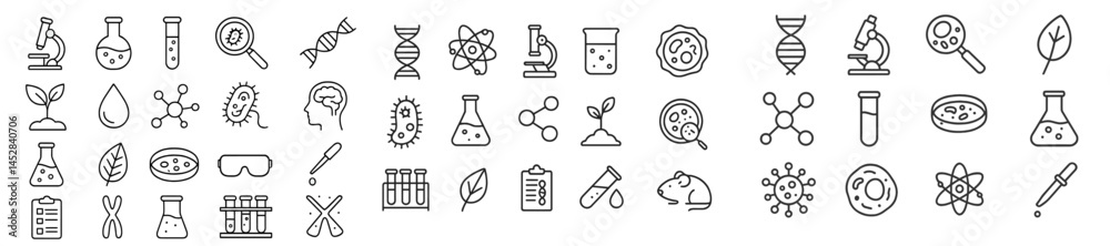 Poster Science icons representing various disciplines and activities in a minimalist black and white style with laboratory elements and nature