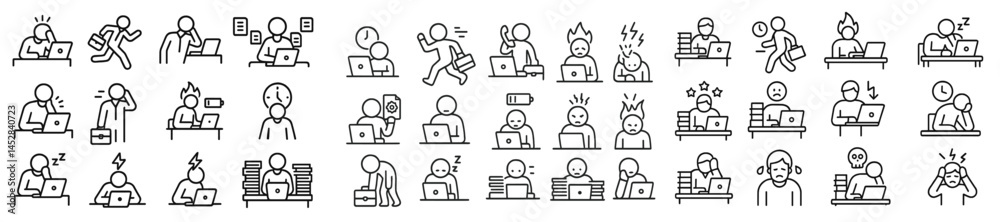 Poster Collection of simple line art icons depicting various emotions and activities related to work and productivity in an office setting
