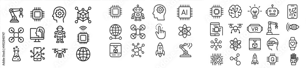 Poster icons representing technology and innovation with a focus on robotics, artificial intelligence, and 