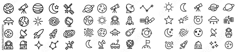 Poster Collection of space-themed icons showcasing various celestial objects and exploration activities designed for educational purposes