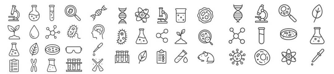 Science icons representing various disciplines and activities in a minimalist black and white style with laboratory elements and nature