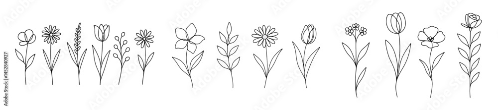 Aufkleber Collection of hand-drawn flowers arranged in a horizontal line showcasing various shapes and styles
