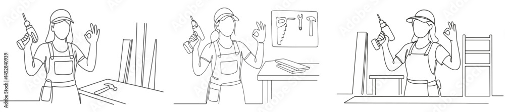 Poster creative woman working with tools in a workshop during the day while showcasing her skills and confi