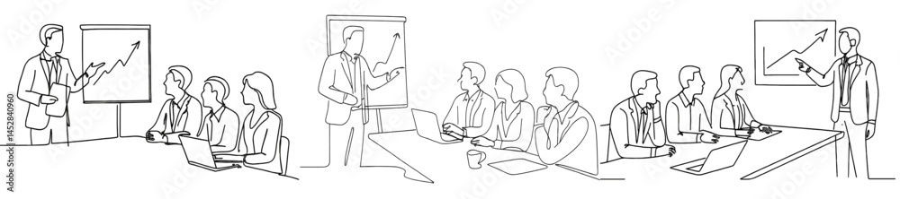 Poster business team collaborating during a presentation in a modern conference room focused on growth stra