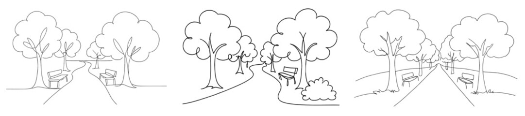 Trees lining a pathway with benches set amidst a tranquil park scene during a sunny day