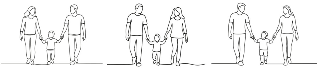 Family enjoying a stroll together in a park during a sunny day with a child holding hands