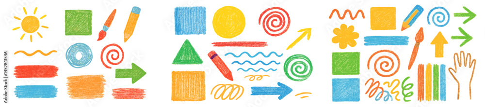 Poster Colorful abstract drawings with various shapes and patterns created using chalk or crayon on a white surface