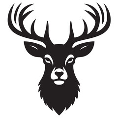 Black and white illustration, deer head silhouette, majestic antlers, minimalist design, elegant profile, stylized wildlife art, sharp contrast, vector graphic style, iconic logo design.