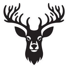 Naklejka premium Black and white illustration, deer head silhouette, majestic antlers, minimalist design, elegant profile, stylized wildlife art, sharp contrast, vector graphic style, iconic logo design.