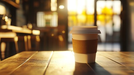 Coffee drink on wooden table with blur cafeteria as background