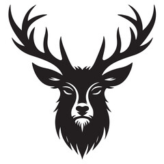 Black and white illustration, deer head silhouette, majestic antlers, minimalist design, elegant profile, stylized wildlife art, sharp contrast, vector graphic style, iconic logo design.