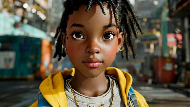 A young stylized girl in a colorful futuristic city street looking confident and curious.