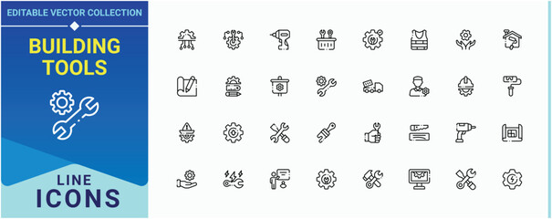 Building Tools icon set. Contain linear symbols house, build, construction, work and more. Construction Tools simple icon set. Minimalist linear icons. Pixel perfect. Editable vector.