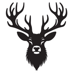 Naklejka premium Black and white illustration, deer head silhouette, majestic antlers, minimalist design, elegant profile, stylized wildlife art, sharp contrast, vector graphic style, iconic logo design.