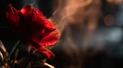 A burn red rose symbolizing passion and red in a symbolic studio environment