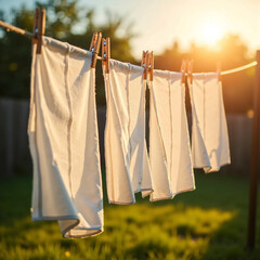 washed white linens hanging on a traditional clothesline outdoors during golden hour. The linens gently sway in the warm breeze, casting soft flowing shadows onto themselves and the ground below.