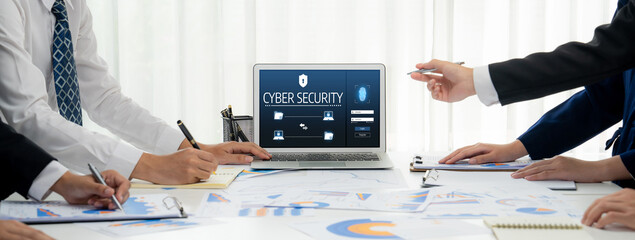 Cyber security system on computer screen protect private information brisk from hacker and cyber...