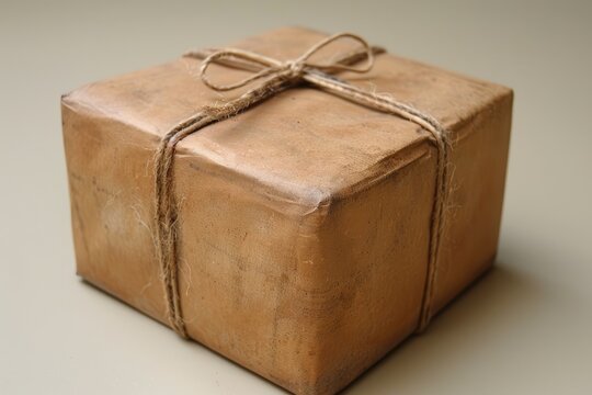 A rustic brown paper wrapped package tied with natural twine string