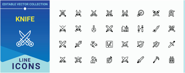 Knife line icon set. Pack of medieval, saber, blade, sharp, swords, battle, weapon and more. Sword And Knife linear icon set. Vector outline icons collection. Vector illustration.